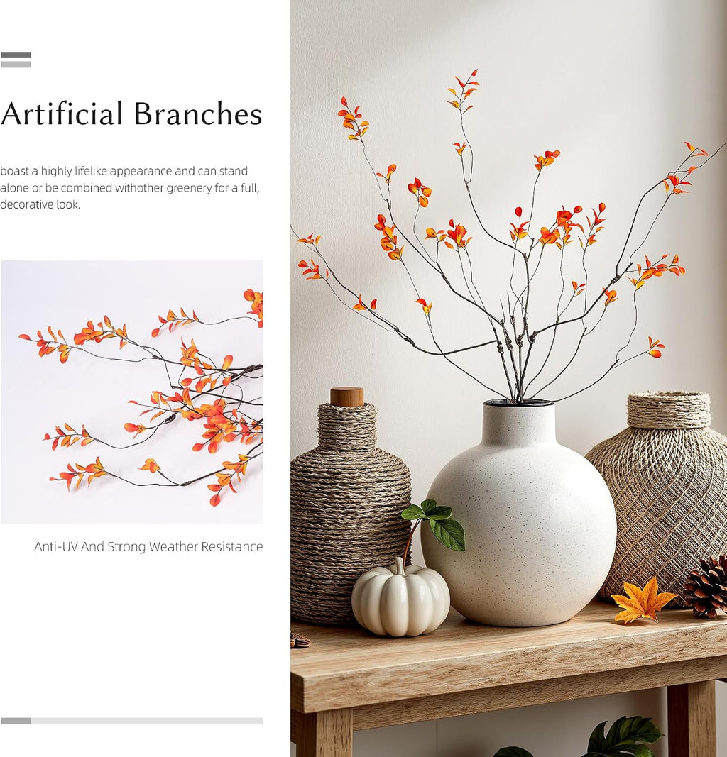 4PCS Artificial Orange Branches 35.4", Faux Fall Stems for Vase, Long Decorative Branches with Autumn Leaves, Bendable Orange Stems for Tall Vase Fall Decorations Home Decor