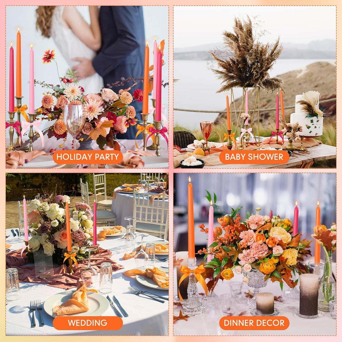 12 Pcs Pink and Orange Party Taper Candles with 3 Roll Ribbon