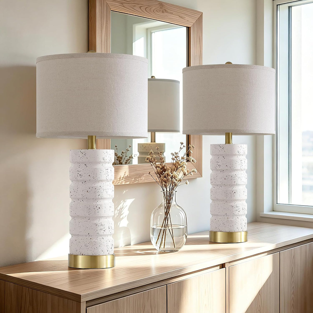 AIEAMPDO 26" Set of 2 Travertine Resin Table Lamps for Bedroom, Off-White