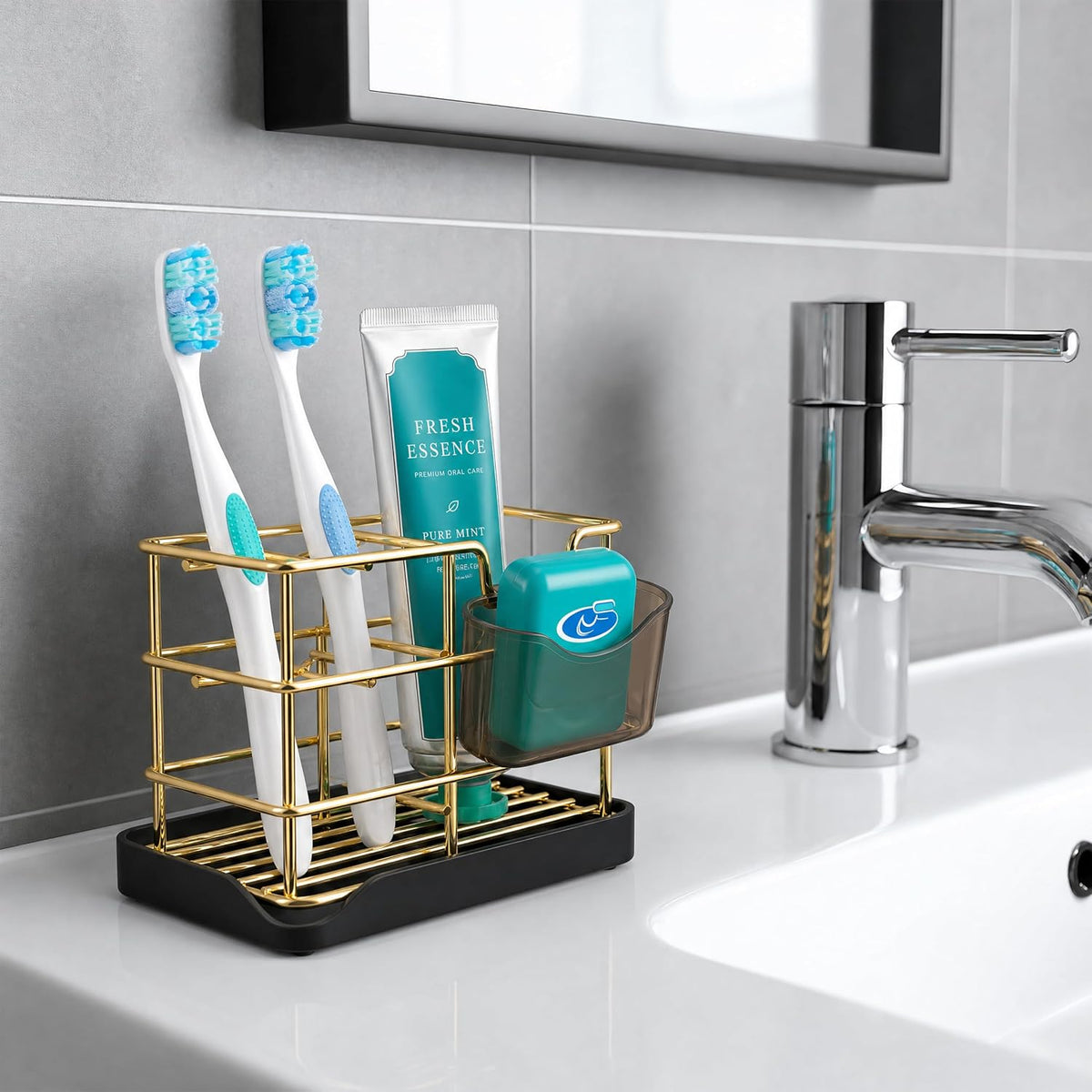 HBlife Toothbrush Holders for Bathrooms Gold, Small Stainless Steel Bathroom Toothbrush Holder with Tray, Bathroom Accessories and Apartment Essentials