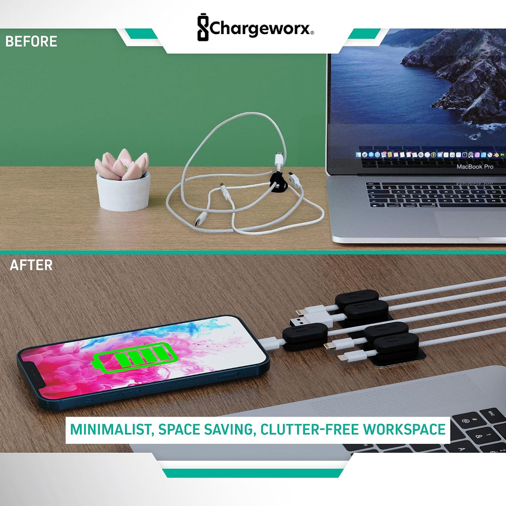 Chargeworx Magnetic Cable Holder Cable Management Multipurpose Desktop Cable Management System, 10-Pack, Great for USB-C, Lightning, Micro-USB & Other Cables Sticks to Any Surface (Black - 10 Pack)