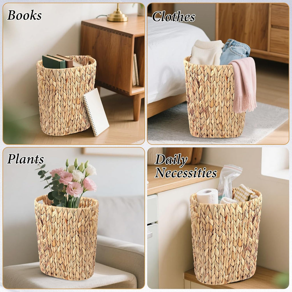 Wicker Trash Can and Rectangle Tissue Box Cover, 4 Gallon Water Hyacinth Bathroom Trash Can, Handwoven Napkin Holder, Narrow Small Waste Basket, Rustic Decorative Home Set for Bedroom,Bathroom,Office