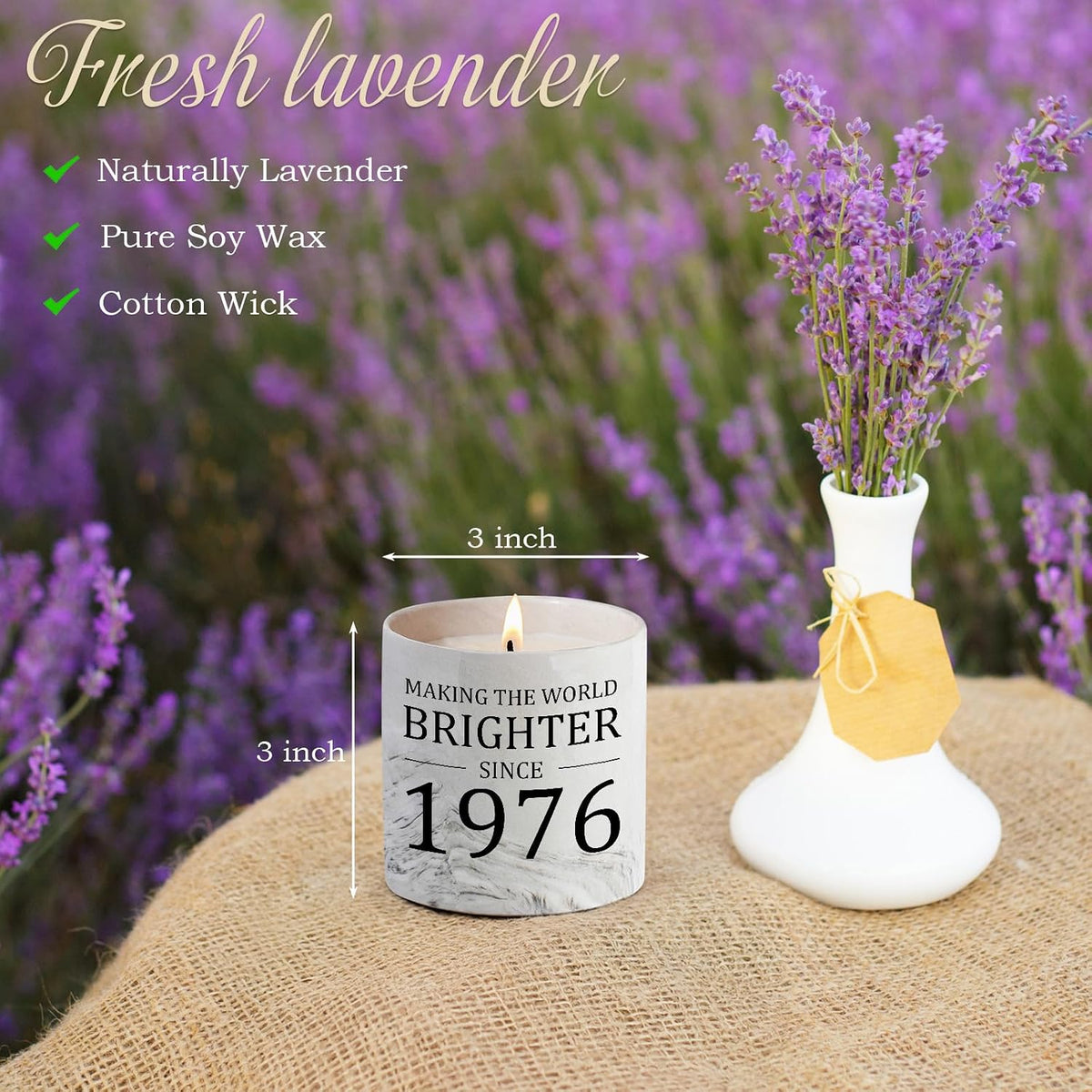 50th Birthday Gift for Her - Gifts for 50 Year Old Birthday Woman - 1976 Bday Gifts for Women - 50 Year Old Present Idea for Her Him, 6oz Lavender Ceramics Candle