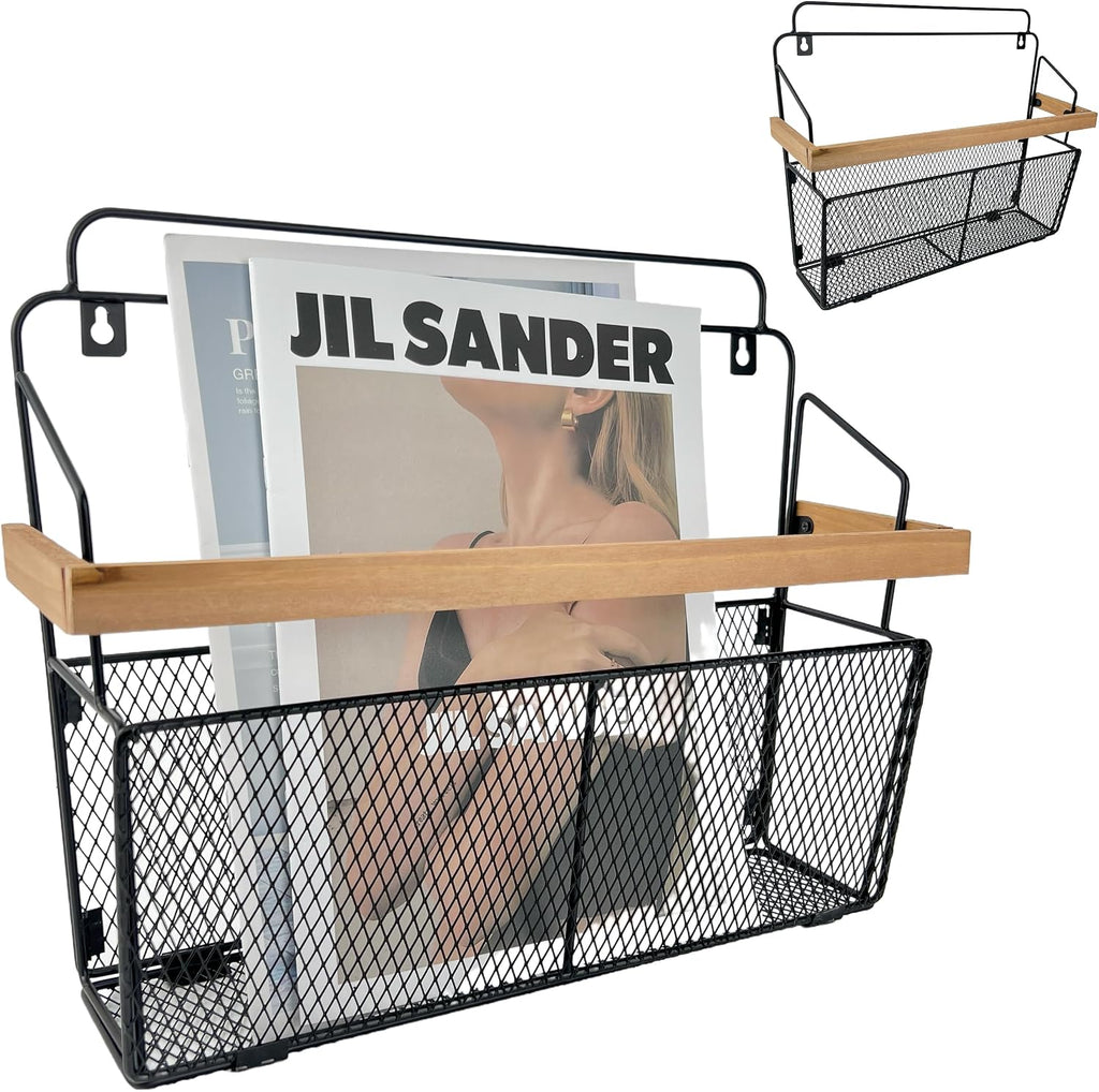 Wall File Organizer with Wooden Trim, Wall Mounted Magazine Holder, Hanging File Organizer, Metal Wire Hanging Magazine Rack for Living Room and Office, Hanging Paper Organizer, 2 Packs
