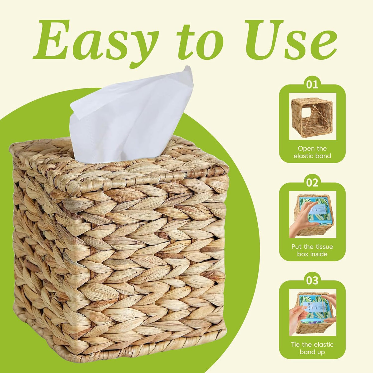 Water Hyacinth Handwoven Tissue Box Cover, Square Decorative Tissue Holder, Natural Handmade Wicker Napkin Box Holder for Bathroom, Living Room, Bedroom, Boho Farmhouse Home Decor