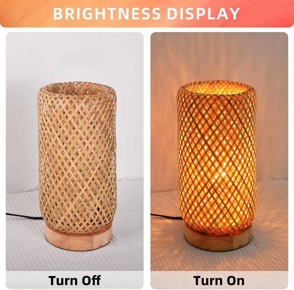 Arturesthome Bamboo Desk Light Woven Boho Beside Lamp Vintage Wicker Wooden Nightstand Lamp for Living Room,Kids Room,Nursery Room Decor
