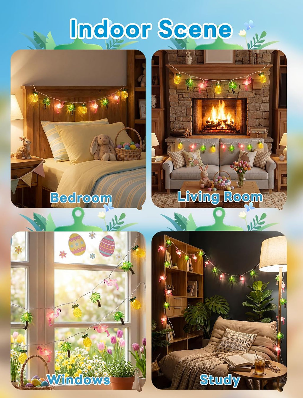 12FT Summer Tropical Hawaiian String Lights, 20 LED Plug in Flamingo Pineapple Palm Tree Lights for Luau Party, Pool, Tiki Bar, Beach Theme Indoor Outdoor Summer Decorations