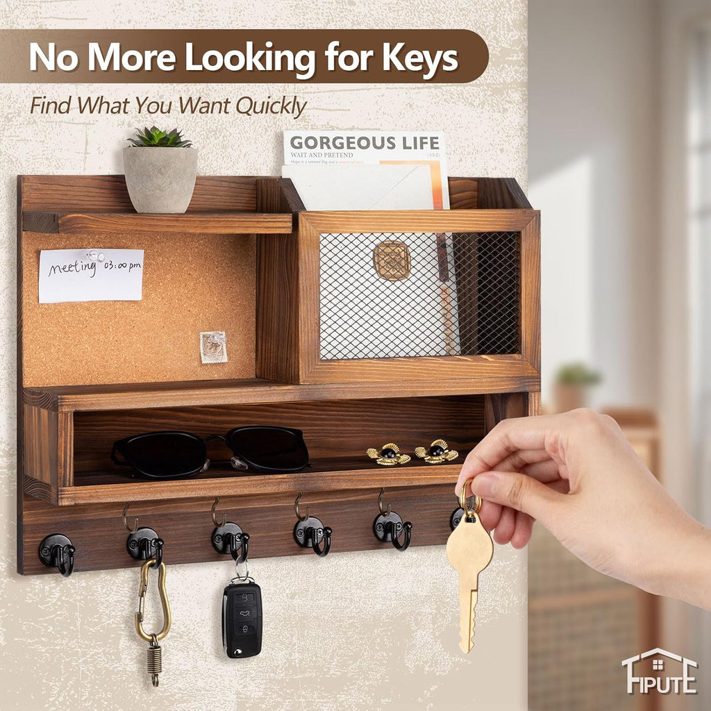 Key Holder for Wall with Mail Organizer,Farmhouse Mail and Key Holder for Wall,Key Hanger with ‌Metal 11 Hooks,Corkboard,and Shelf,Decorative Natural Pine Wood Entryway Organizer,14.6*11.1*3.3”,Brown