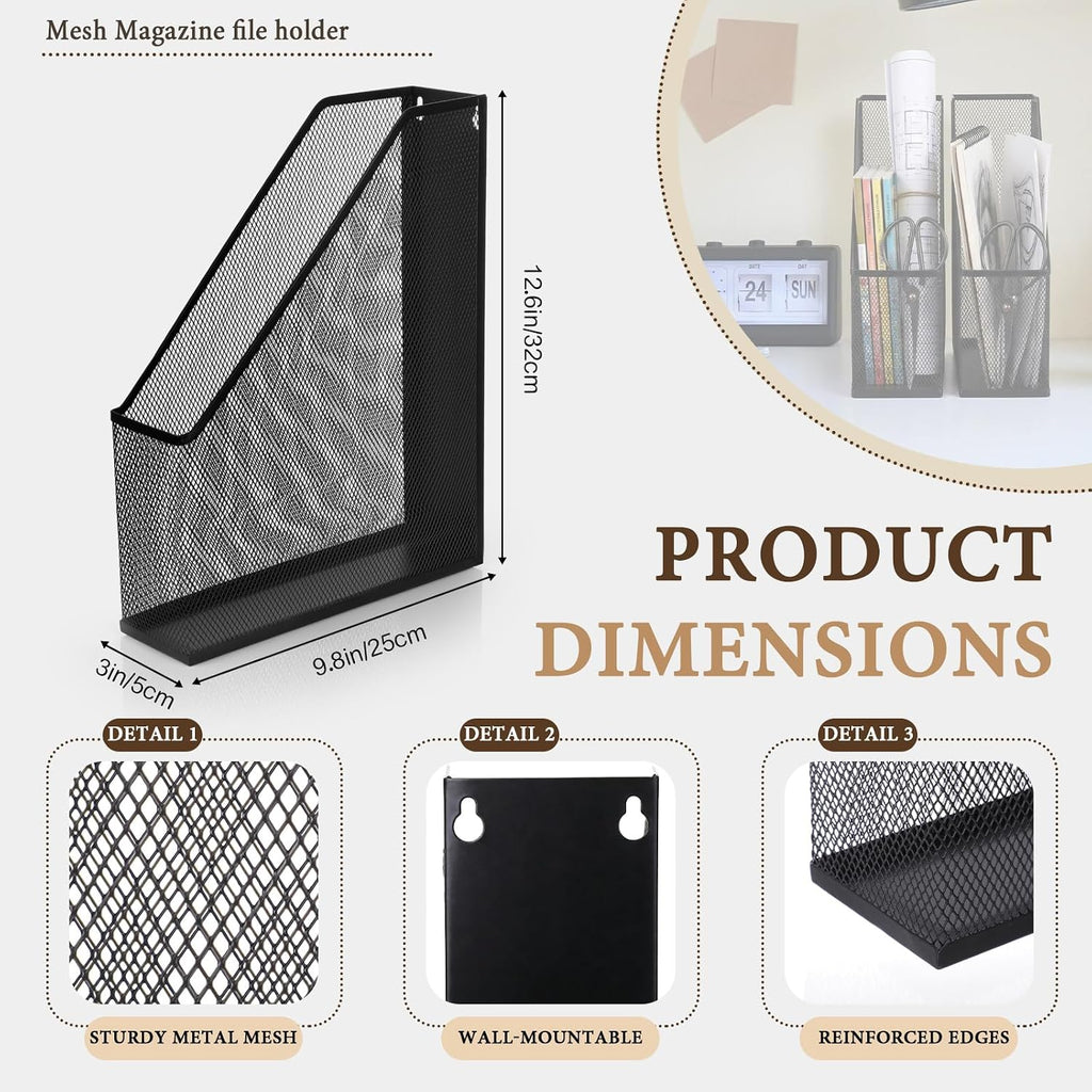 Sliner 4 Pack Metal Magazine Holder Black Mesh Steel Document Rack 1 Section File Organizer Extra Wide Magazine Folder Storage Desk Tidy for Office Home, 12.6”x 9.8”x 3”