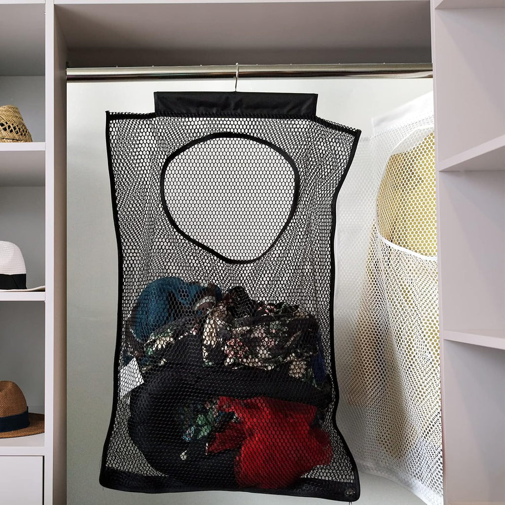 Hanging Mesh Laundry Hamper (30in*20in*2in) Large Dirty Clothes Bag, Can Be Used Behind The Door & Closet & Caravan& Bathroom (Black)