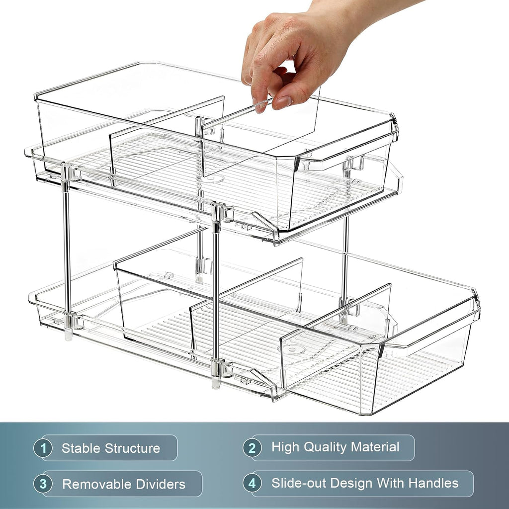 2 Tier Clear Organizer with Dividers for Cabinet, Shlef, Counter - MultiUse Slide-Out Storage Container - Kitchen, Pantry, Medicine Cupboard Bins, Bathroom, Vanity Makeup, Under Sink Organizing