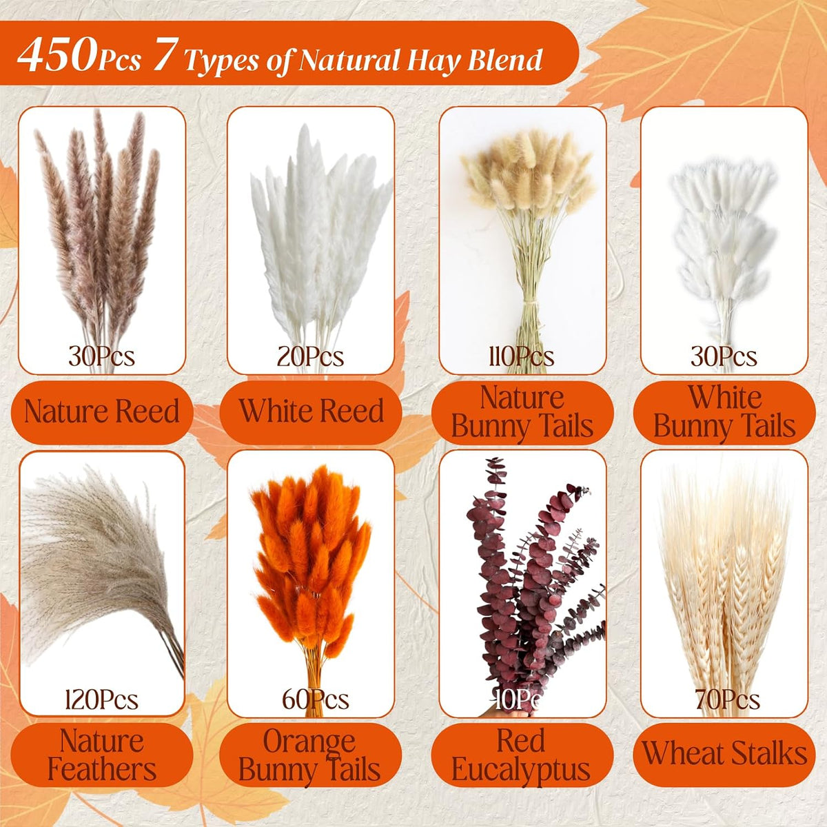 530/450Pcs Dried Pampas Grass Set for Dry Flower Home Decor (450Pcs Fall)