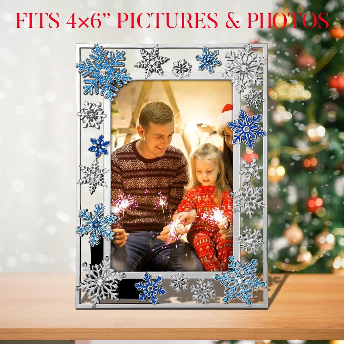 GUOER Christmas Decorations Photo Frame 4x6 Inch Snowflake Christmas Metal Photo Display Picutre Photo Frames with High Definition Glass Front Gift Ideas Tabletop Home Decorative (Blue)