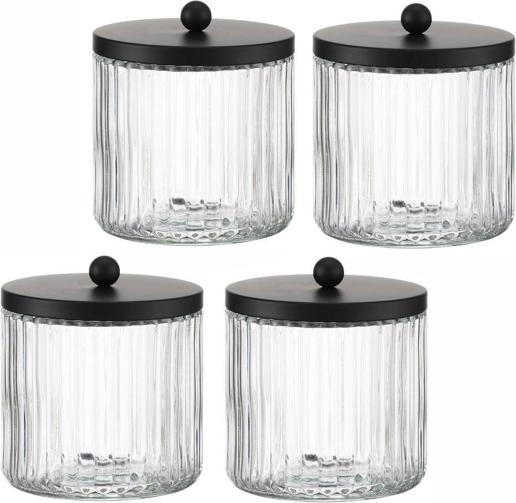 KMwares 4-Pack Glass Qtip Holder Dispenser Set for Cotton Ball, Swab, Round Pads, Floss Picks - Bathroom Canister Storage Organization and Vanity Makeup Organizer(Clear-4)