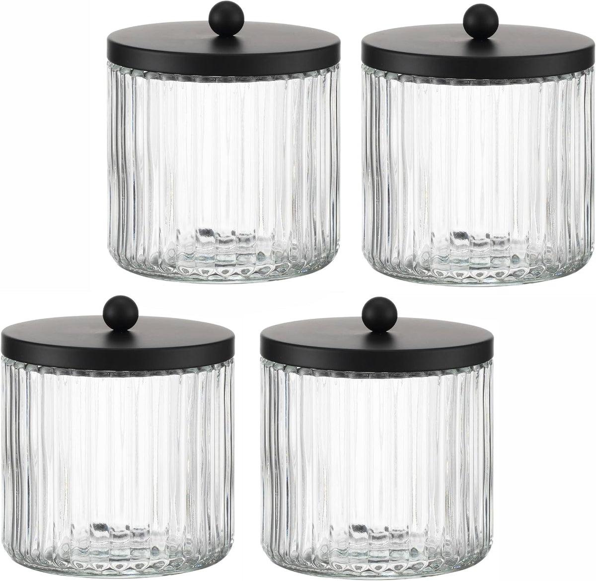 KMwares 4-Pack Glass Qtip Holder Dispenser Set for Cotton Ball, Swab, Round Pads, Floss Picks - Bathroom Canister Storage Organization and Vanity Makeup Organizer(Clear-4)