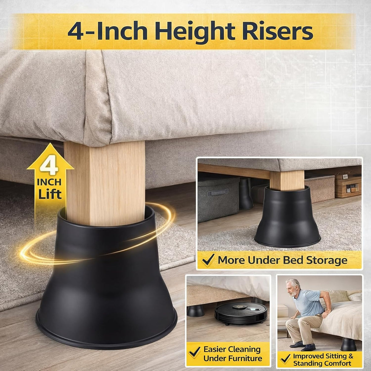 Heavy Duty Bed Risers – Adjustable Furniture Risers for Beds, Sofas, Tables, and Chairs – Supports up to 1500 Lbs(4 Inch,Unstackable,Set of 15)