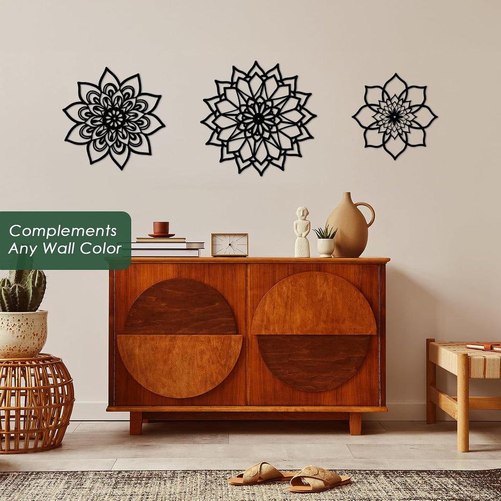 Sanwarm Wall Decor, 3 Pieces, Black Metal, for Home Bohemian Mandala