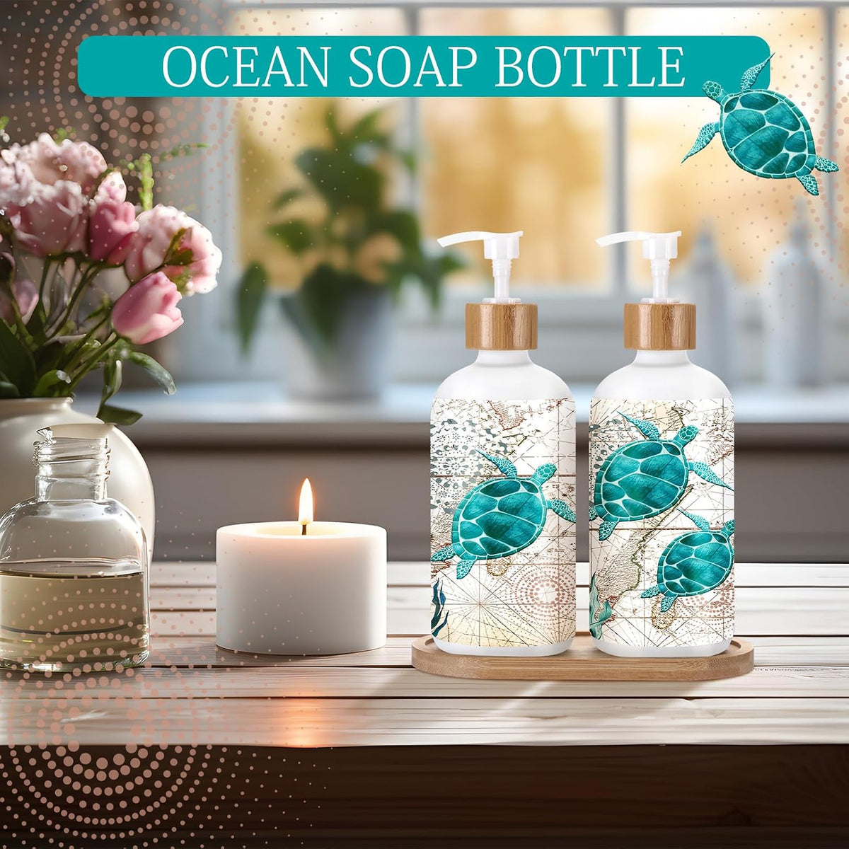 Potchen 2 Pack Sea Turtle Soap Dispenser, Beach Ocean Glass Bathroom Decor