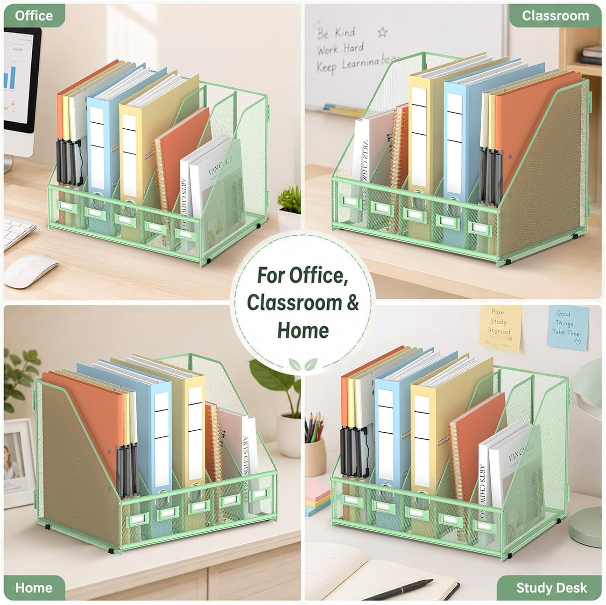 SUPEASY Desk Organizers Metal Desk Magazine File Holder with 5 Vertical Compartments Rack File Organizer for Office Desktop, Classroom, Home Workspace, Green, Plus