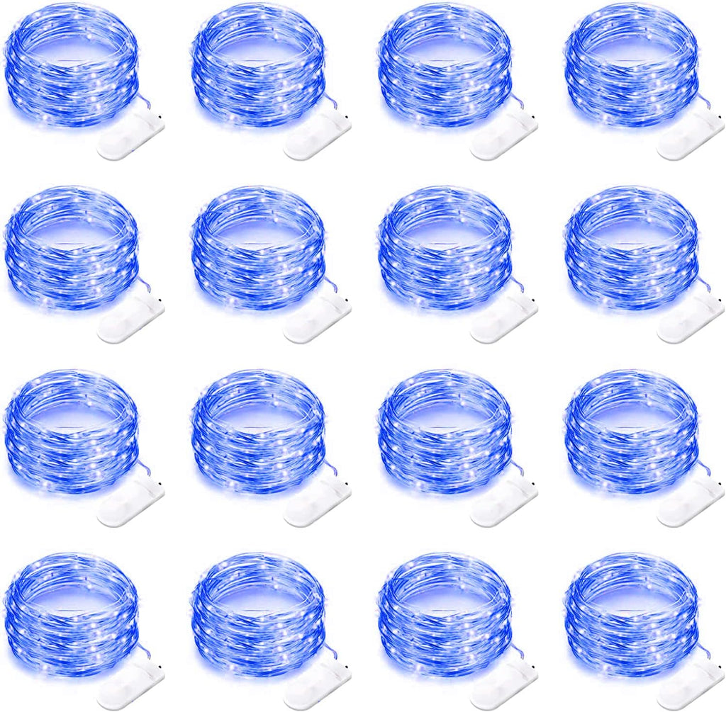 16 Pack Led Fairy Lights Battery Operated String Lights 10 Feet 30 LED Waterproof Twinkle Lights Mason Jar Lights Silver Wire Firefly Lights for Christmas Party Wedding Patio (Blue)