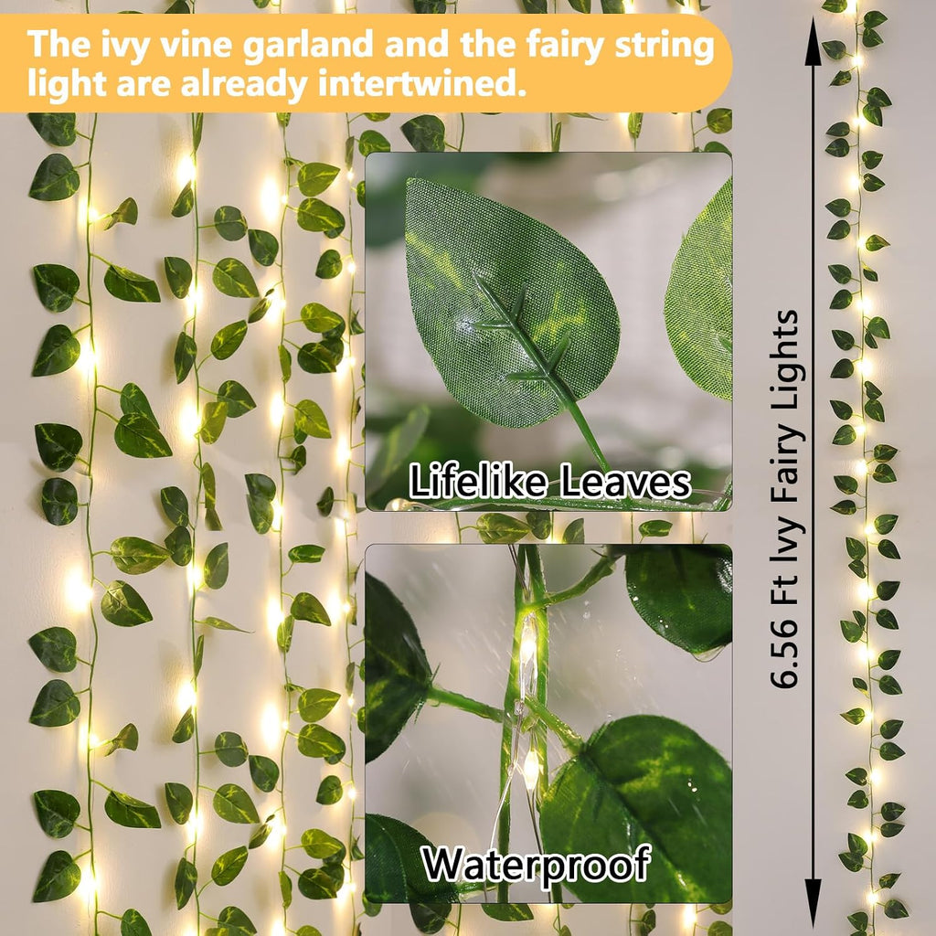 Vines with Lights Battery Operated, 6.56ft 20 LED Pothos with Fairy Lights, Leaf Lights with 8 Modes, Fake Vines Ivy String Lights for Bedroom, Wall, Room, Garden, Party Decor, 4 Pack
