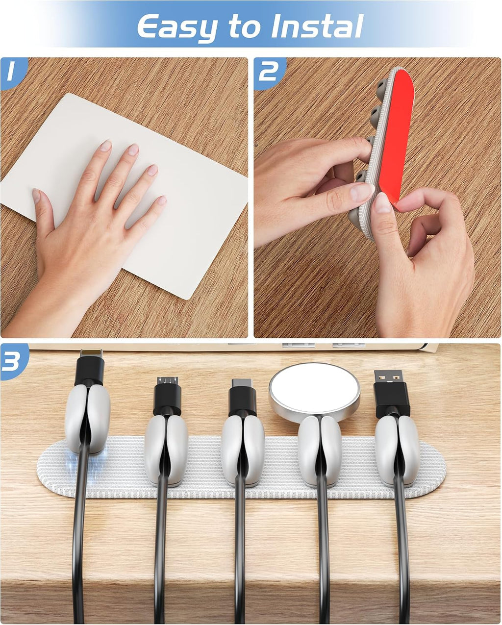 5-Pack Magnetic Cable Clips Cord Organizer - Smoothly Adjustable, Puretor Desk Cable Management Clips. Ideal Wire Holders for Desktop, Nightstand, Wall - Perfect for Home Office, Phone, Car (Grey)