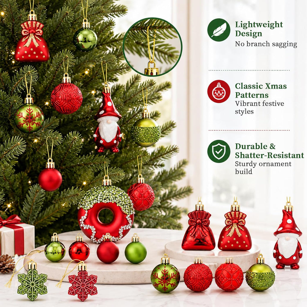 60 Pcs Red & Green Christmas Ornaments Set for Christmas Tree Decorations
