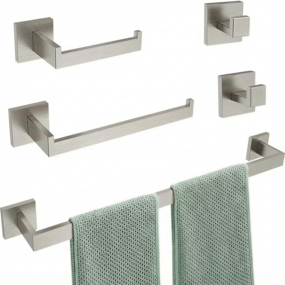 5-Piece Bathroom Hardware Set, 23.6 in Towel Bar, Brushed Nickel