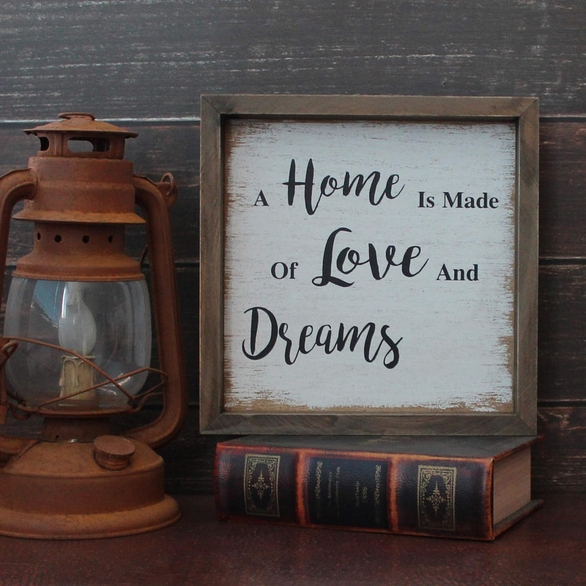 CVHOMEDECO. Vintage Distressed A Home is Made of Love and Dreams Shadow Box Frame Wall Mounted Hanging Decor Art, 9-3/4 x 9-3/4 Inch