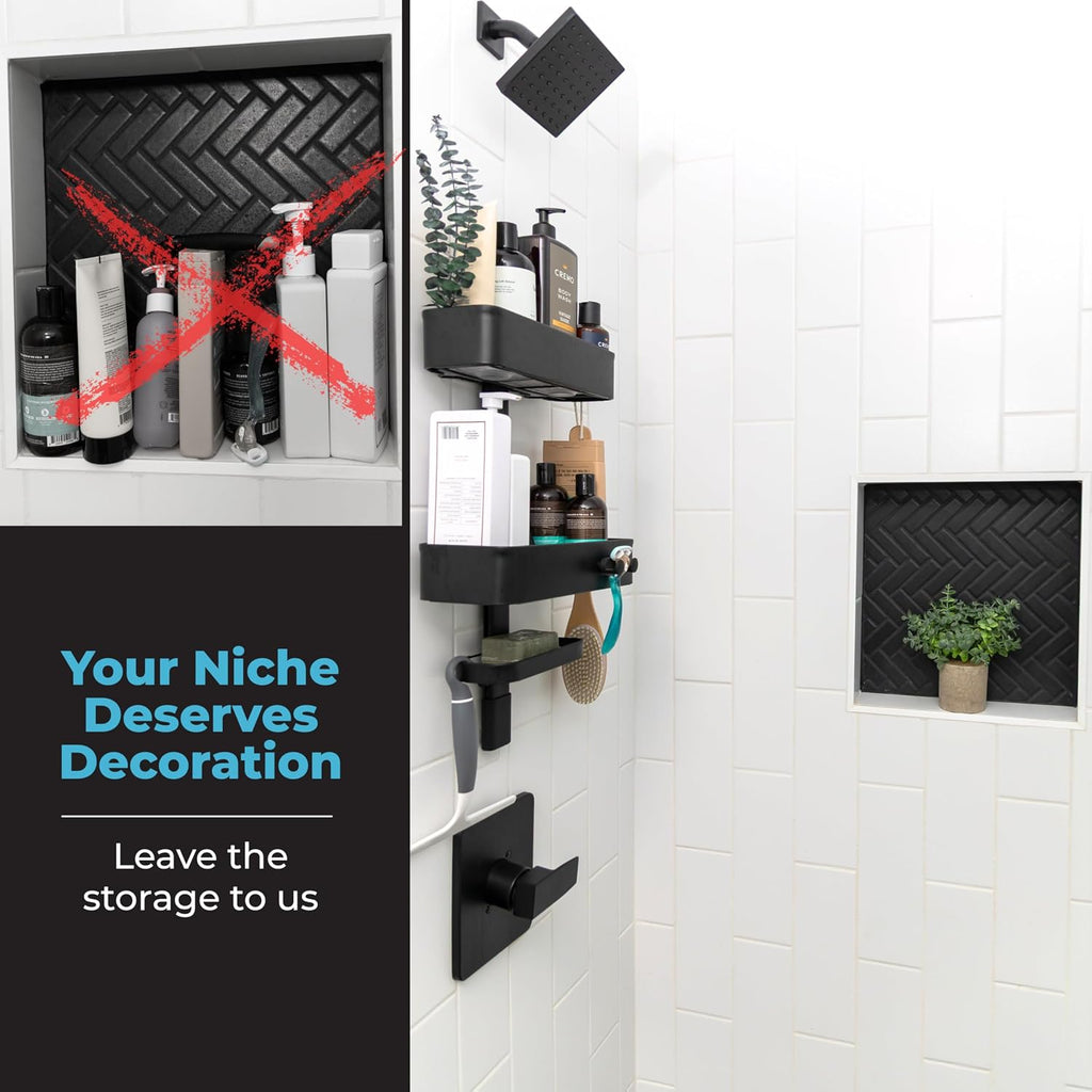 ShowerSMART Shower Caddy, Adjustable Shelves, Magnetic Hooks, Graphite