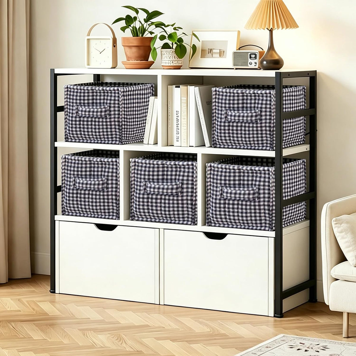 vctops Black Gingham Storage Cubes Organizer, 11.4 Inch 3 Pack Collapsible Fabric Storage Bins with Handles for Organization, Closet, Shelves, Offices, Toys (Black,11.4"x11.4"x11.4")