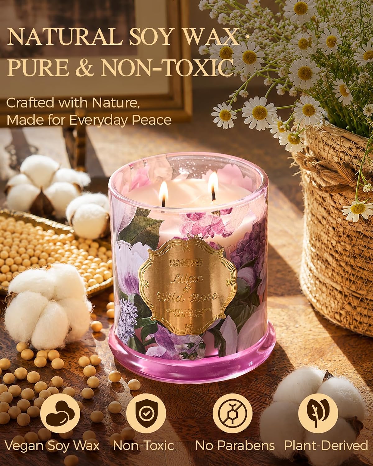M&SENSE Lilac Wild Rose Non Toxic Large Soy Candle, 12.7oz Romance Scent