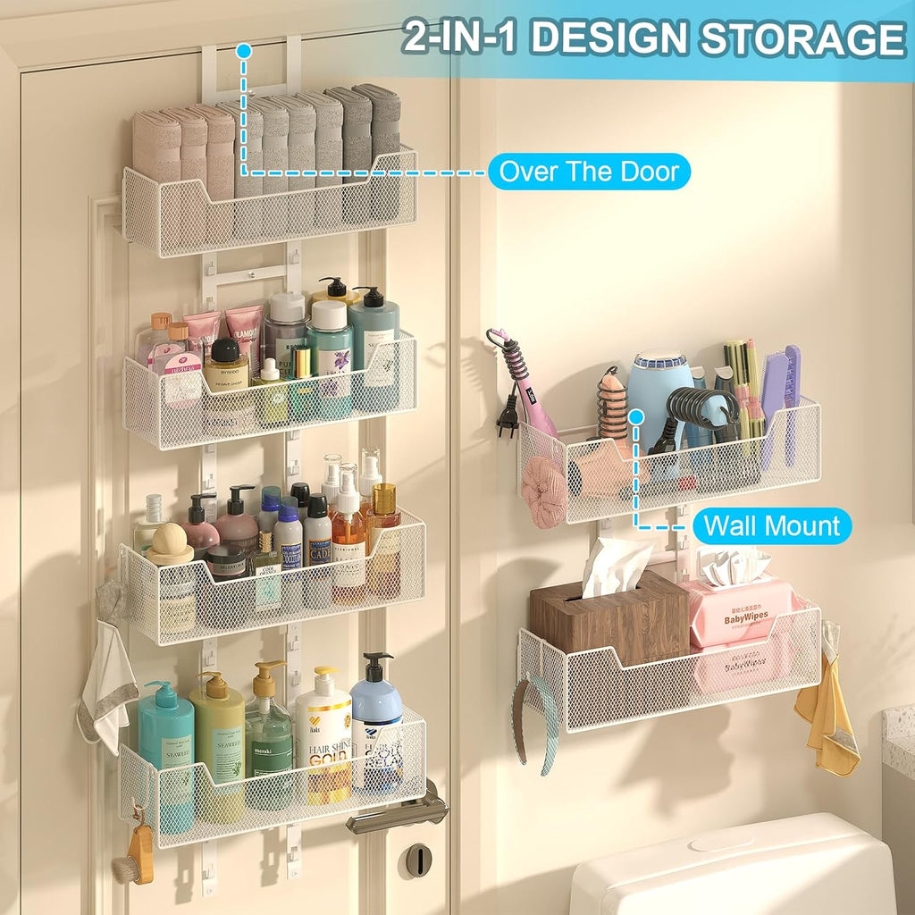 Hongtamoya Over The Door Organizer, Metal Hanging Door Organizer with 6 Adjustable Baskets and 5 Hooks, Behind The Door Storage for Closet Cabinet Kitchen Bathroom Bedroom Pantry Door Organizer, White