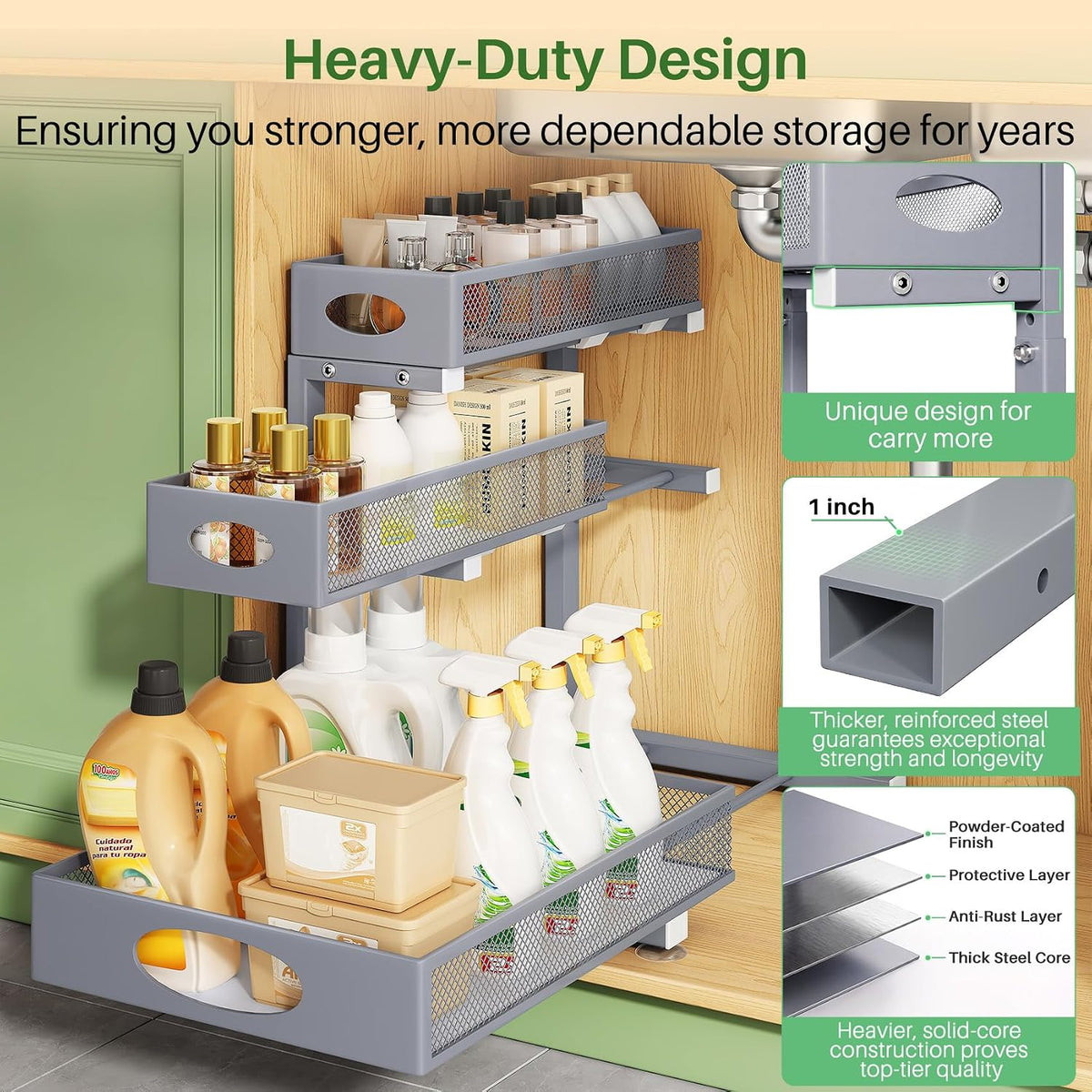 Kitstorack Under Sink Organizer 3-Tier Slide Out Drawer 1-Pack Grey