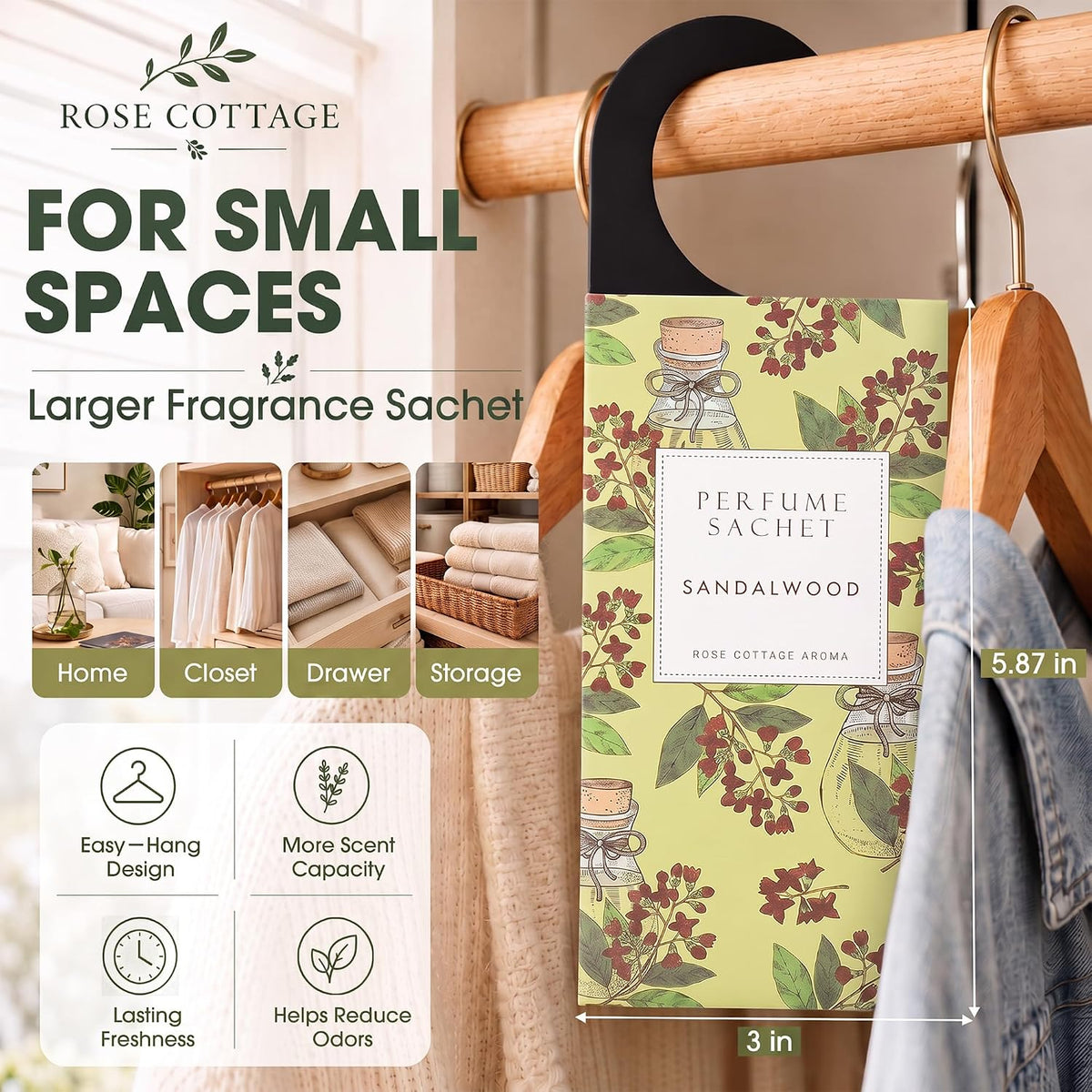 Large 12 Packs Sandalwood Hanging Scented Sachets Long-Lasting Closet Deodorizer Air Freshener Fabric Refresher Odor Eliminator for Drawer Home Fragrance Gift Set