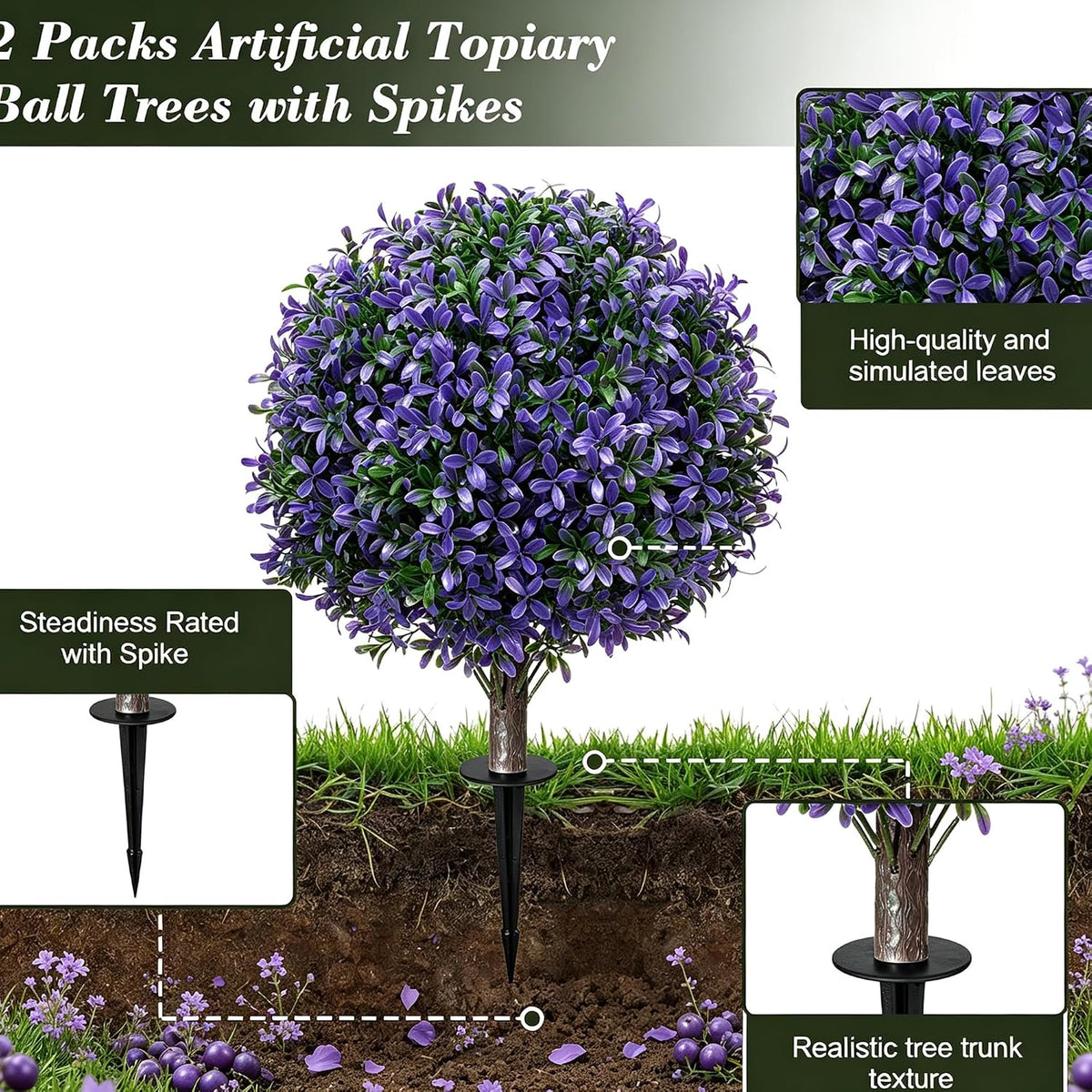 Chillchard 2Pack UV Resistant Purple Artificial Boxwood Topiary Fake Plant