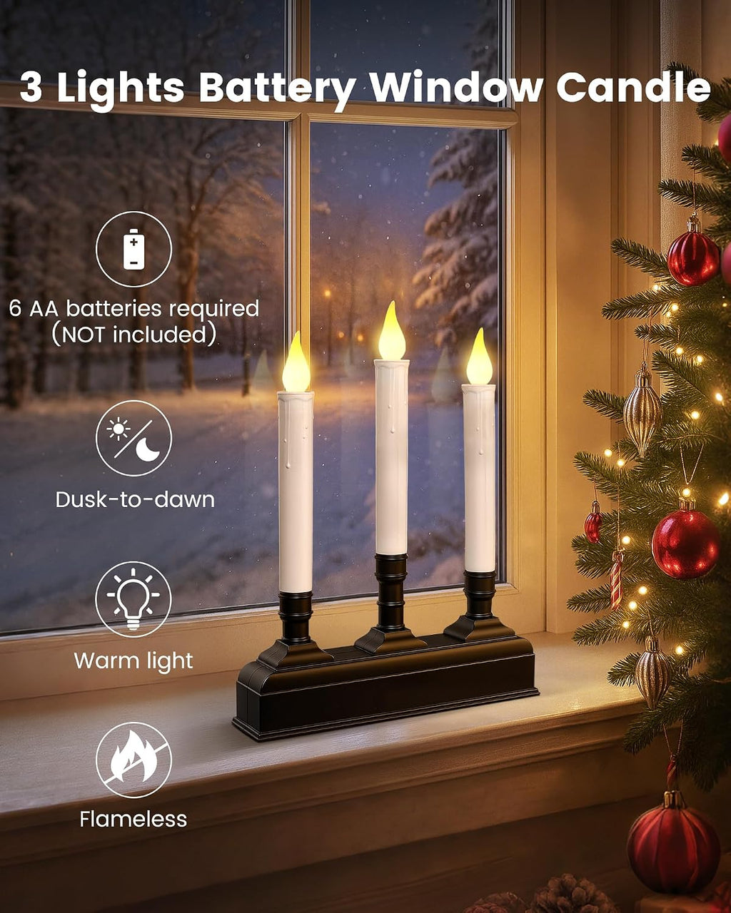 SURAIELEC Christmas Battery 3-Light Window Candle, Dusk-to-Dawn, 2 Pack