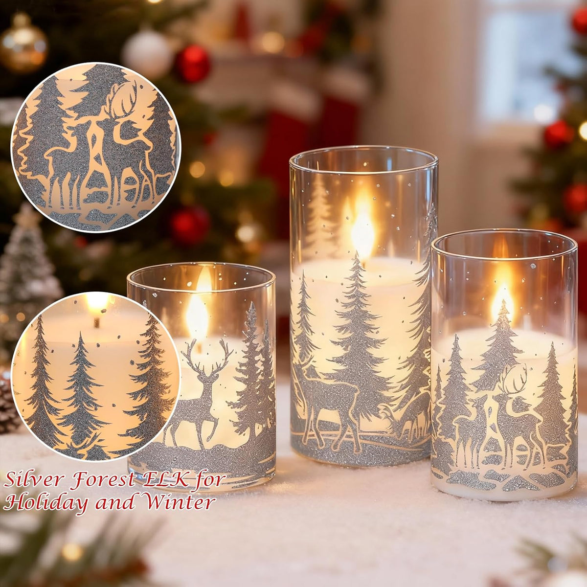 Christmas Deer LED Glass Flameless Candles Battery Operated Remote Timer