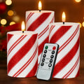 Christmas Glitter Red Stripes LED Flameless Candles, Battery Operated Real Wax Pillar Candles with Remote and Timer for Holiday Table Centerpieces Home Decorations, Set of 3