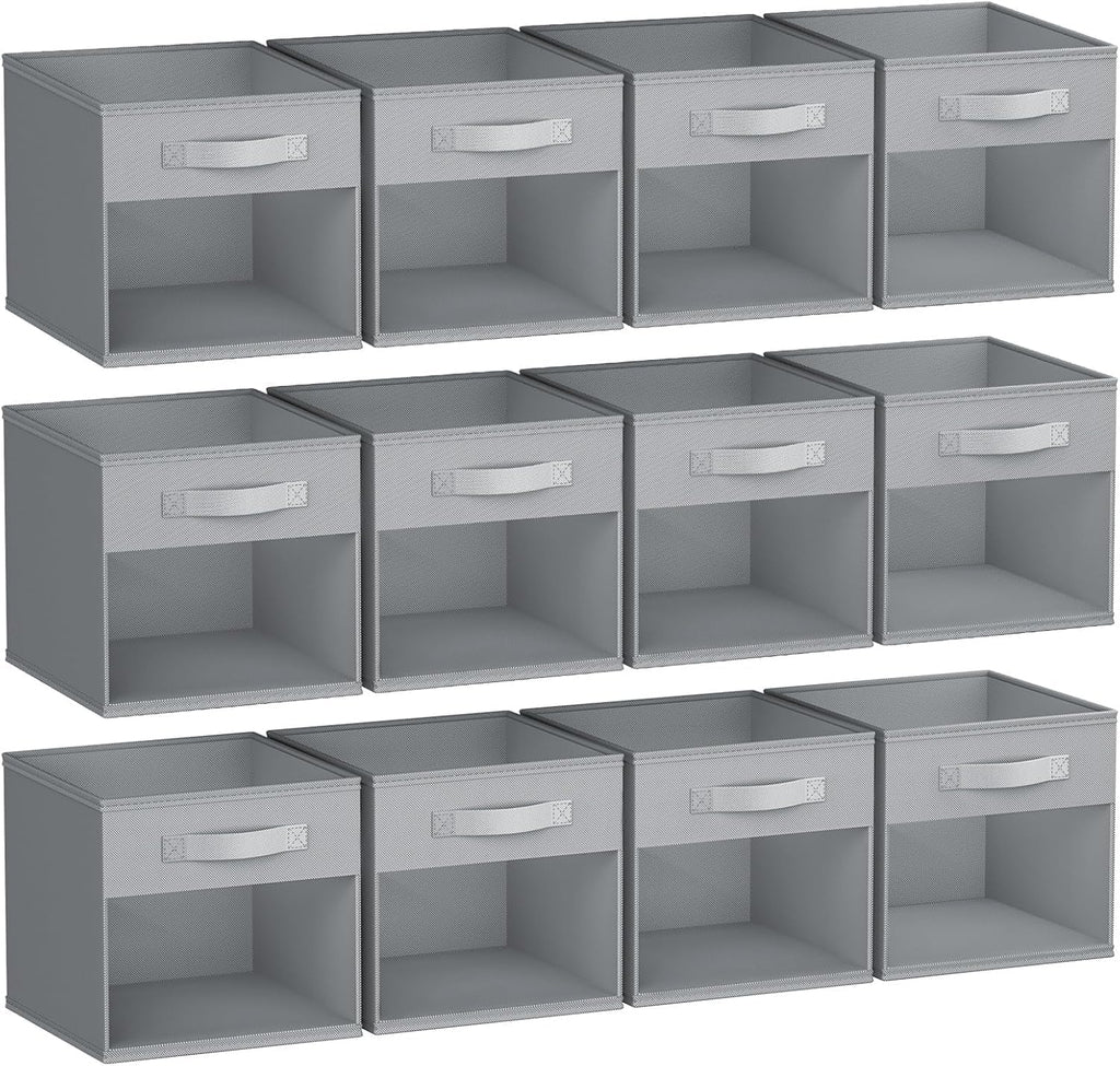 DIMJ Storage Cubes, Cube Oganizer Bin, 12 Pack Foldable Containers with Window, Closet Storage Bins with Handle, 12x 12 inch Storage Boxs for Clothes, Toys, Books (Grey)