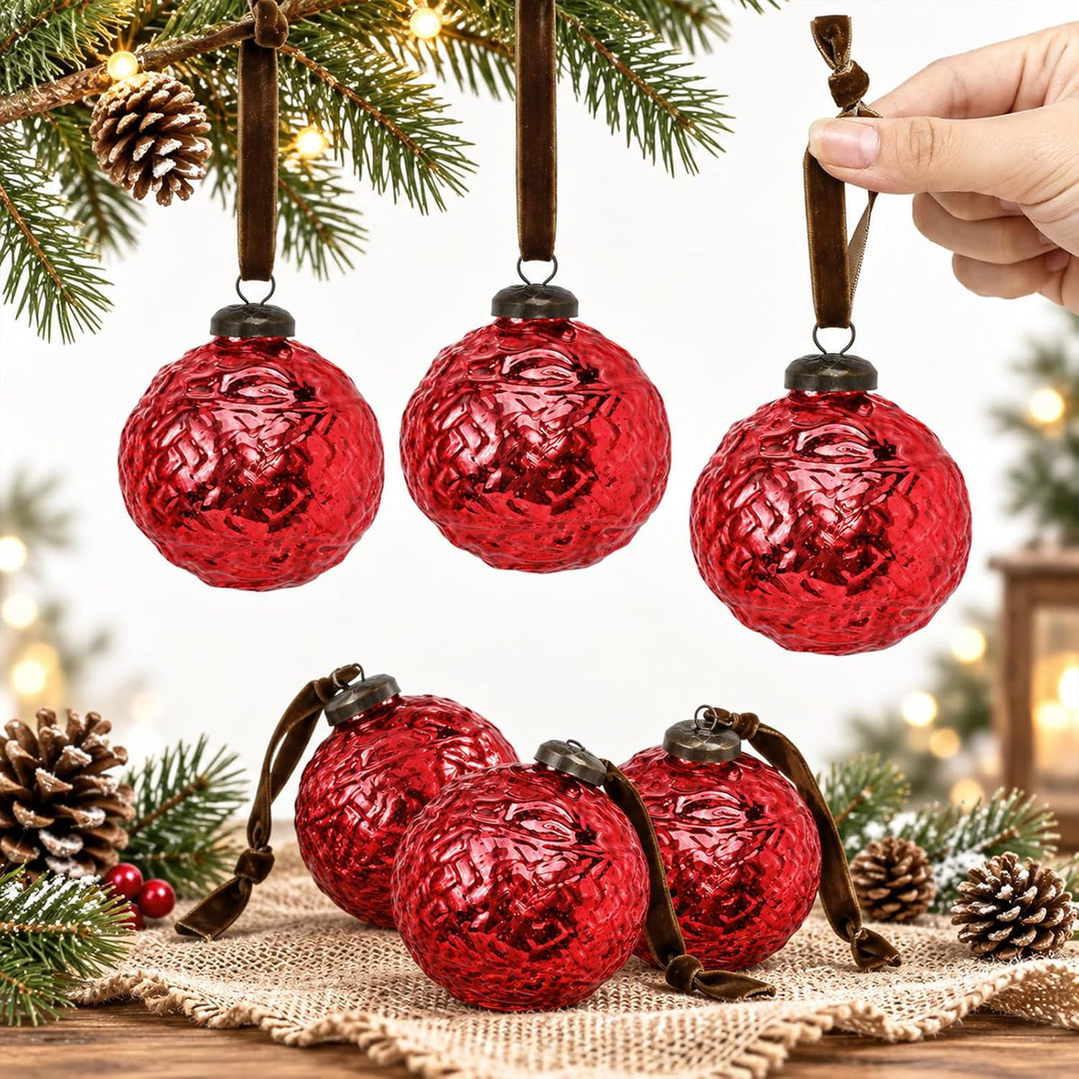 Threan 6 Pcs Vintage Red Mercury Glass Christmas Ornaments, Polka Dot