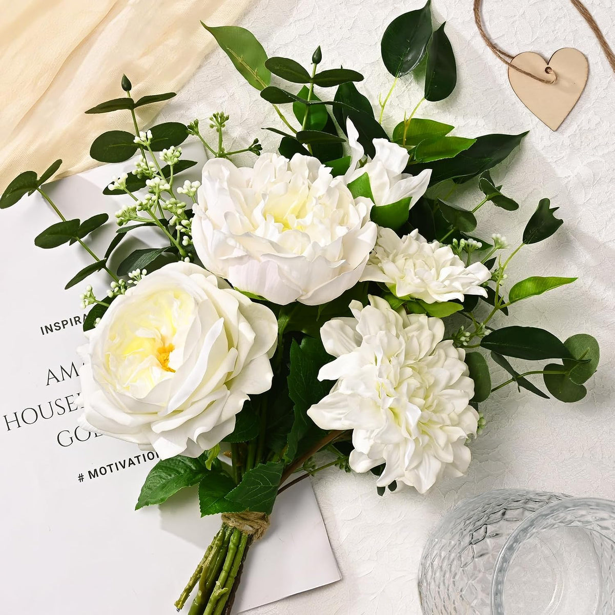 Livole Real Touch Fake Flowers with Vase & Light Silk Artificial Flowers