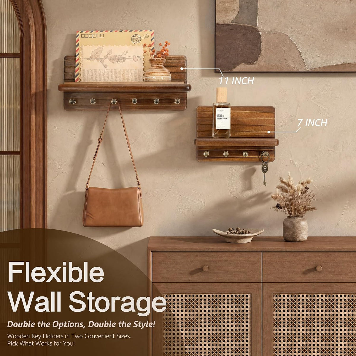 Rebee Vision Acacia Wood Key Holder Wall Mount with Shelf, Key Hooks, Brown