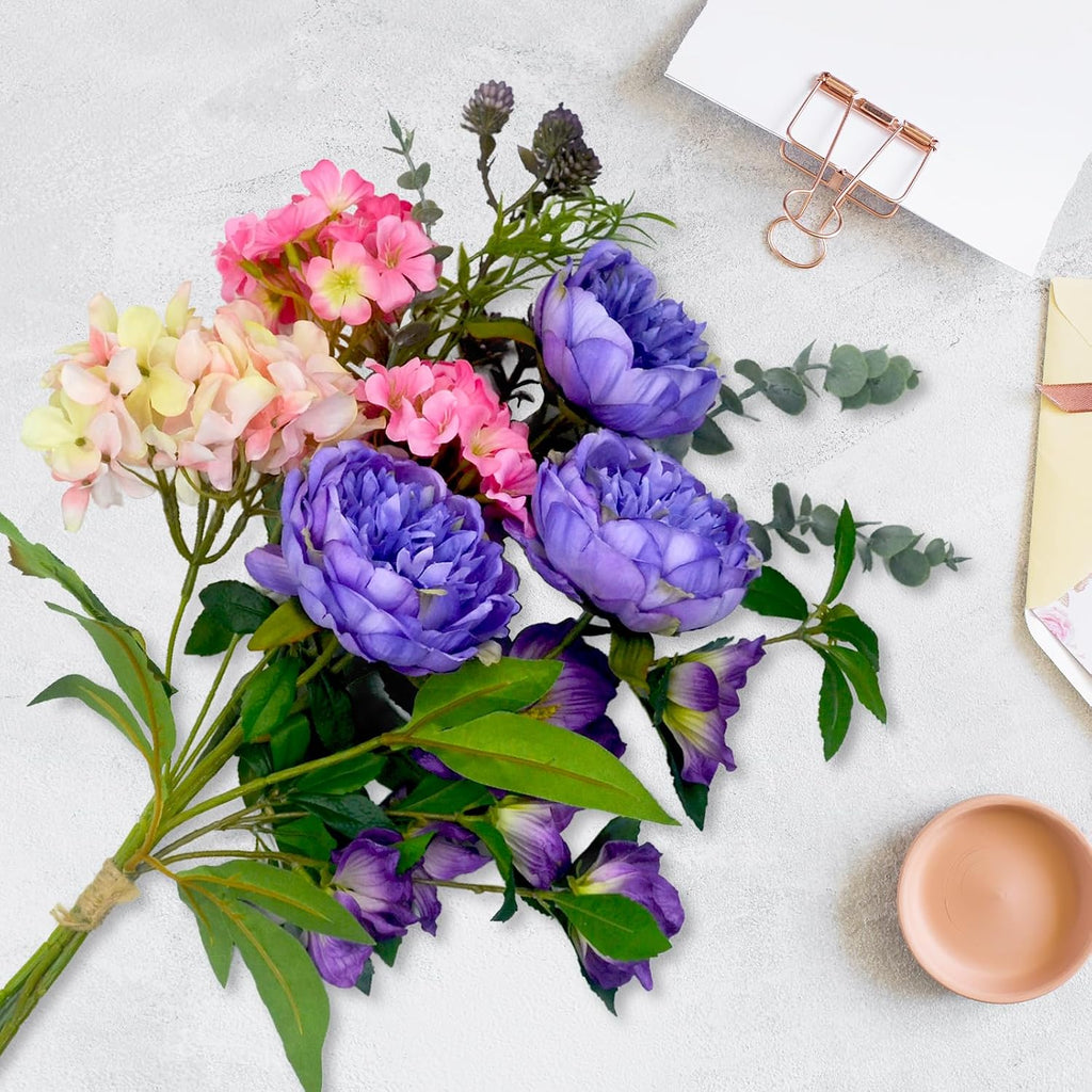 Artificial Flowers Bouquet – Fake Silk Hydrangea Peony and Eucalyptus Mix, Faux Flower Arrangements for Home, Office Decor and Dining Table Centerpieces (Yellow Pink&Dark Purple)