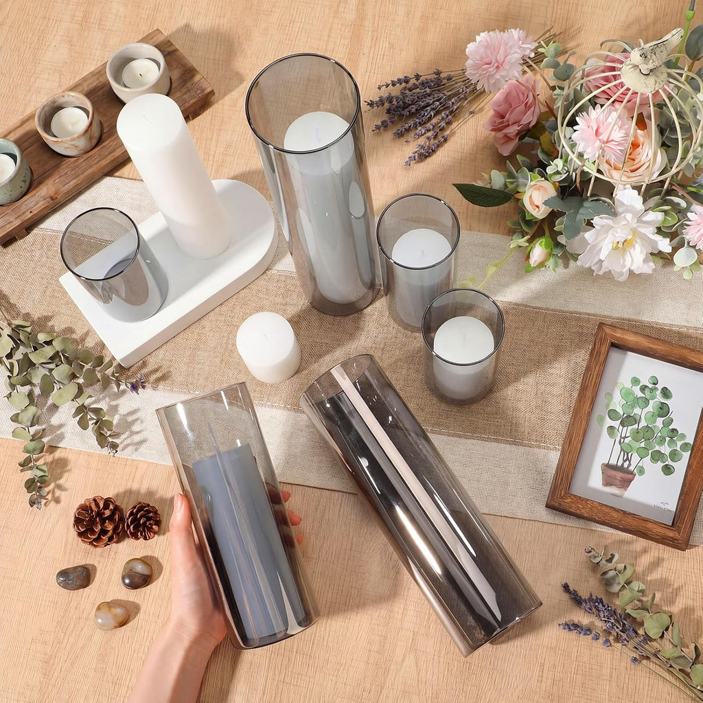 Shihanee 6 Glass Cylinder Vase Pillar Candle,White, Smoky Black,Set of 6