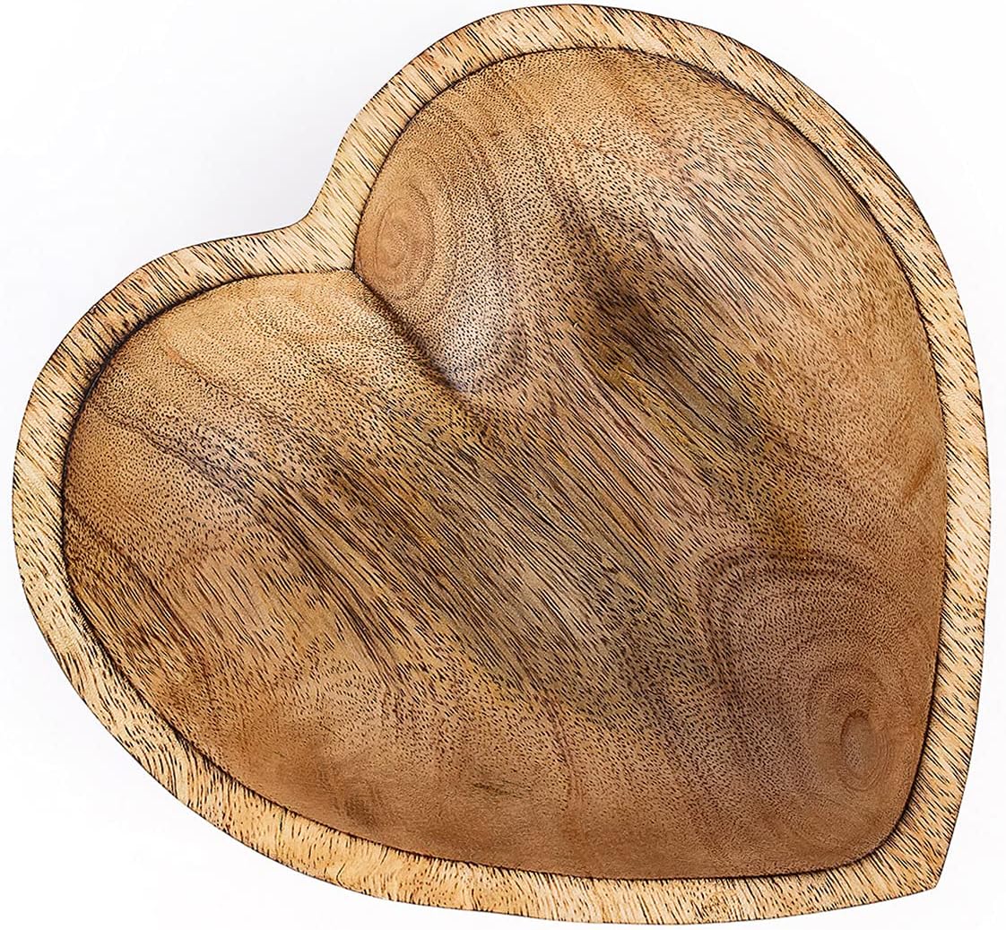 WitnyStore Heart Shaped Wood Bowl 8" Brown Handcrafted Wooden Bowls Collectible Functional Serving Tray Dish Plate Hand Made Decorative Tableware for Candy Nuts Desserts Fruit Home Décor Accents Gifts