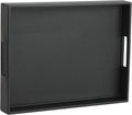 HofferRuffer Rectangle Serving Tray with Hole Handles for Coffee Table, Breakfast, Tea, Food, Butler - Countertop, Kitchen, Vanity Serve Tray, 16.2 x 12.2 x 2 inches, Faux Leather Tray (Black)