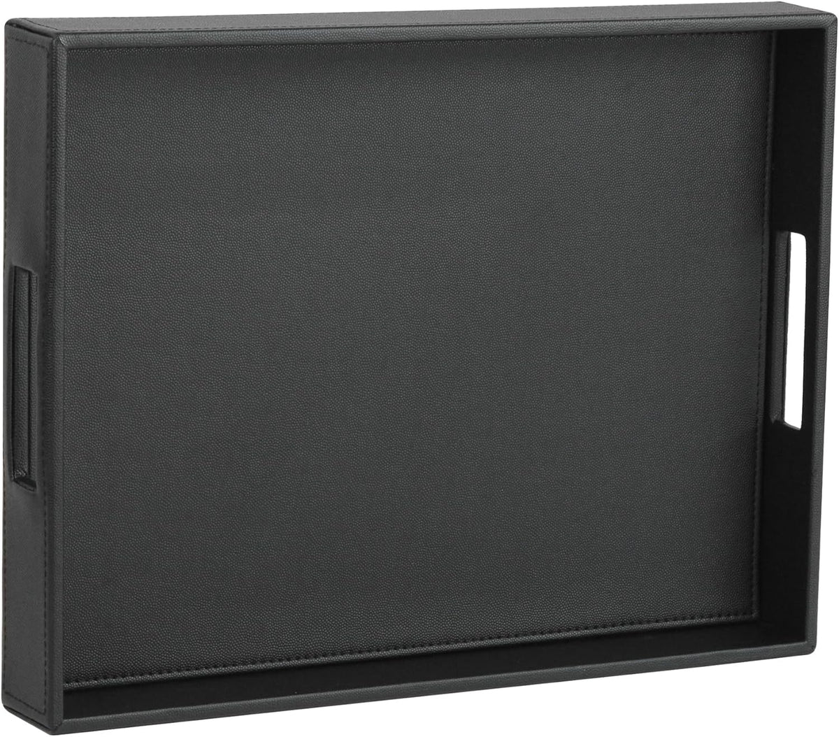 HofferRuffer Rectangle Serving Tray with Hole Handles for Coffee Table, Breakfast, Tea, Food, Butler - Countertop, Kitchen, Vanity Serve Tray, 16.2 x 12.2 x 2 inches, Faux Leather Tray (Black)