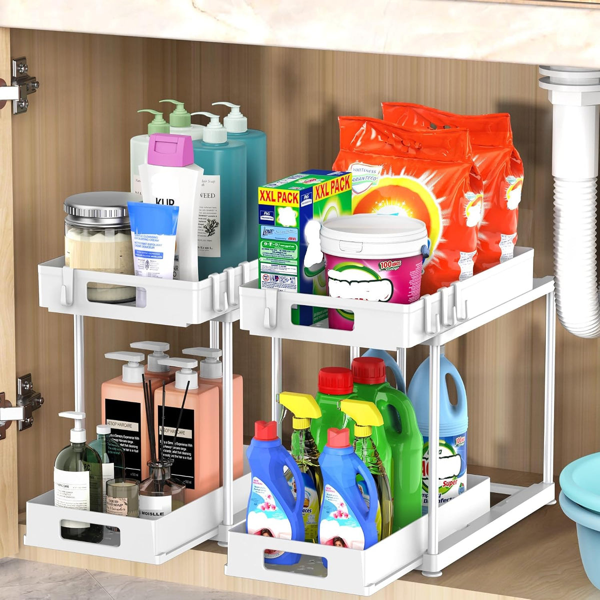 2 Pack Under Sink Organizer with Double Pull-Out Drawer, White