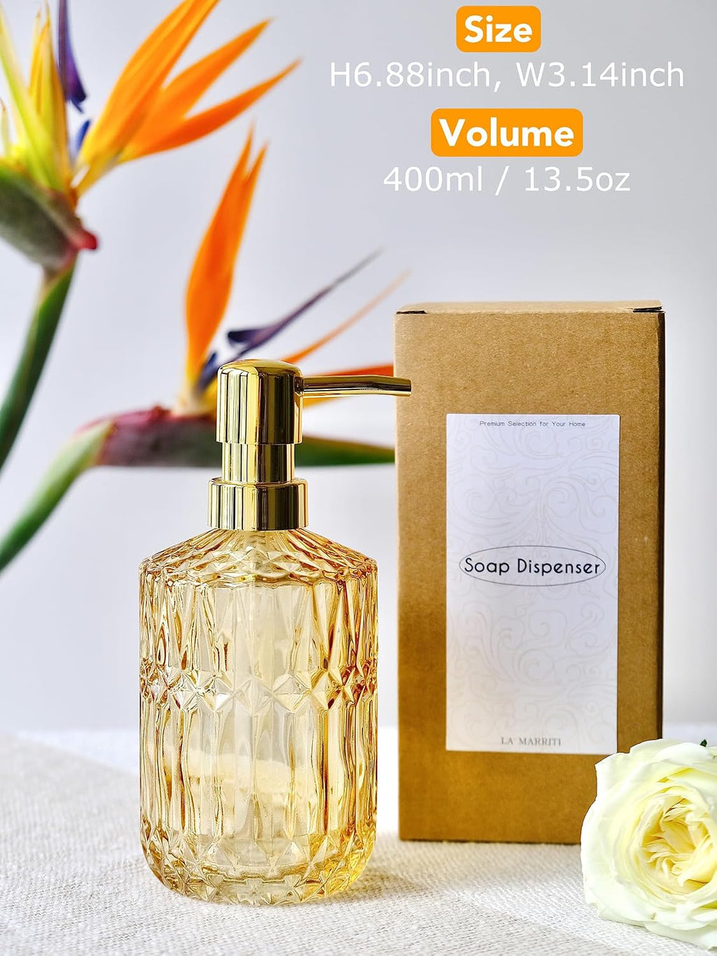 LaMarriti Clear Glass Soap Dispenser with Gold Rust Proof Pump, Refillable Thick Glass Kitchen Soap Dispenser, Lotion Dispenser Bathroom for Hands Soap, Dish Soap, Body Wash (Yellow Gold
